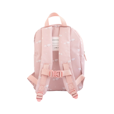 Mochila cor-de-rosa com padrão de ursos polares e pequenas nuvens, vista das alças