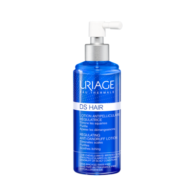 frasco azul de loção anti-caspa URiAGE DS HAIR com doseador branco