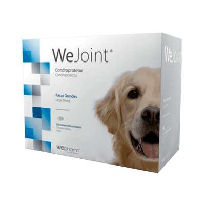 Embalagem branca com texto WeJoint e foto de cão dourado