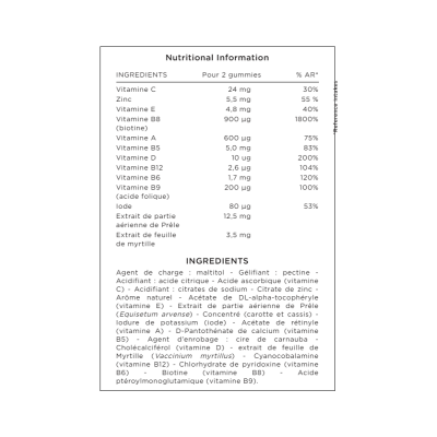 Etiqueta de informações nutricionais e ingredientes de suplemento alimentar em francês