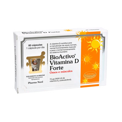 Embalagem de suplemento BioActivo Vitamina D Forte com design branco e laranja e texto em português