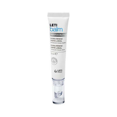 Embalagem branca de creme labial LETI balm Hydra-Renew com tampa transparente