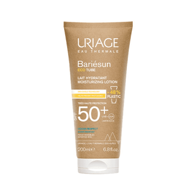 tubo de loção hidratante Uriage Bariésun SPF 50+ castanho