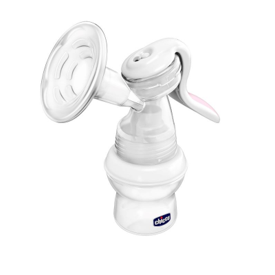 Bomba extratora de leite manual Chicco em plástico branco e transparente com detalhes rosa