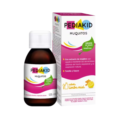Frasco e caixa do suplemento PEDIAKID MUQUITOS com design colorido