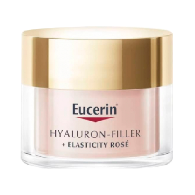 Creme Eucerin Hyaluron-Filler + Elasticity Rosé em embalagem de vidro com tampa dourada.