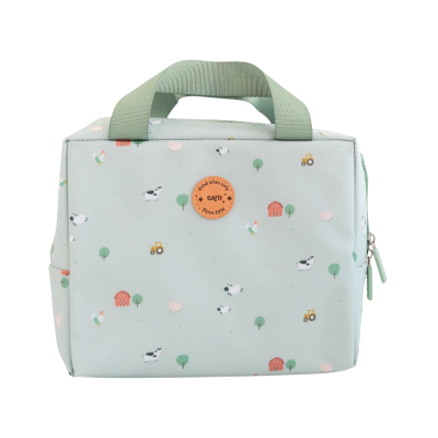 Mala azul claro com padrão de animais da quinta e etiqueta SARO