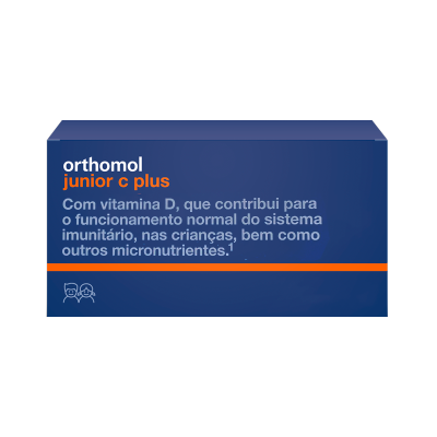 Embalagem azul escura de suplemento Orthomol junior c plus com texto branco e laranja