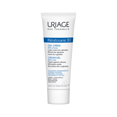 Tubo de creme-gel URIAGE Kératosane 30 branco e azul