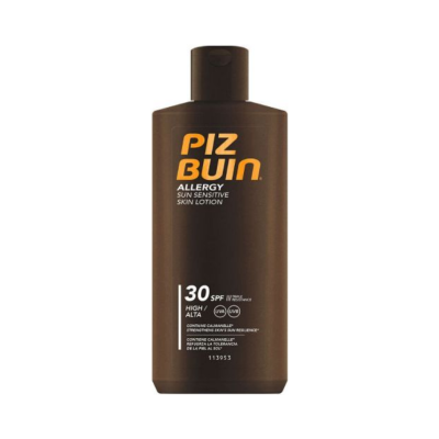 Frasco de loção solar Piz Buin Allergy SPF 30 castanho escuro