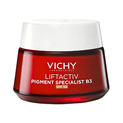 Frasco de creme vermelho com tampa branca e texto VICHY LIFTACTIV PIGMENT SPECIALIST B3 SPF 50
