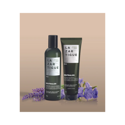 Produtos LAZARTIGUE NEUTRALIZE verdes com flores roxas ao redor em fundo bege