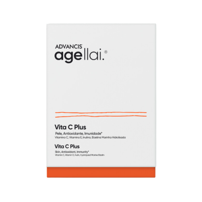Embalagem do suplemento Vita C Plus da ADVANCIS agellai, branco com detalhes laranja