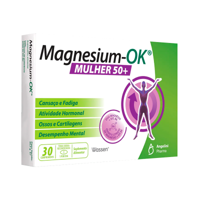 Embalagem de suplemento Magnesium-OK Mulher 50+ com cores branco, verde e roxo.
