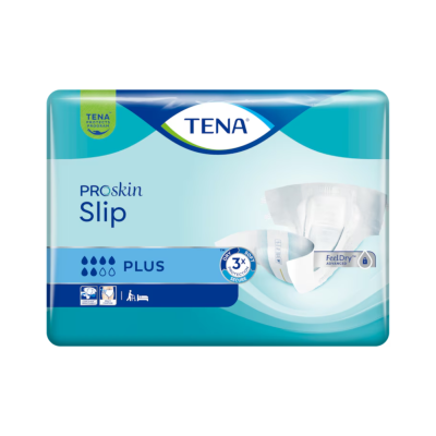 Embalagem TENA ProSkin Slip Plus com imagem de fralda branca e texto de proteção