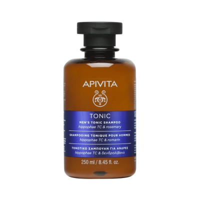 Frasco castanho de champô APIVITA Tonic para homens com rótulo azul e tampa preta