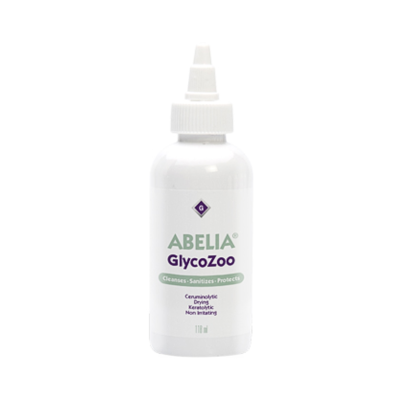 Frasco branco do produto ABELIA GlycoZoo com tampa aplicadora e texto em verde e roxo