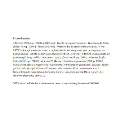 Lista de ingredientes e vitaminas em suplemento alimentar em fundo branco