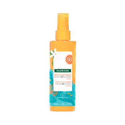 Spray corporal protetor solar SPF 50 Klorane em embalagem laranja e azul