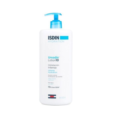 Frasco branco de loção hidratante ISDIN com doseador azul