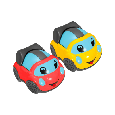 Dois carros de brinquedo coloridos com rostos sorridentes e rodas pretas.