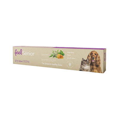 Embalagem de pasta palatável para cães e gatos com design bege e roxo, mostrando um cão e um gato
