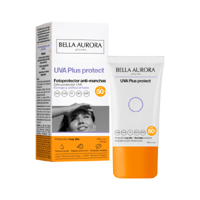 Protutor solar Bella Aurora UVA Plus protect embalagem e tubo branco e laranja