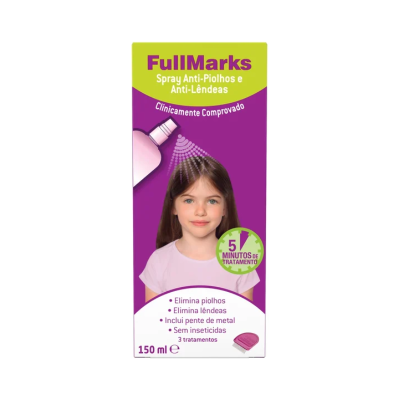 Embalagem spray anti-piolhos FullMarks com texto e imagem de criança