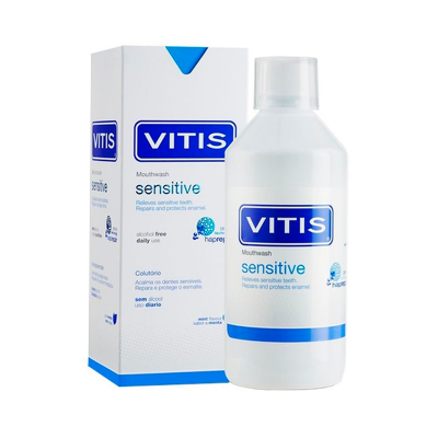 Colutório VITIS sensitive para dentes sensíveis, embalagem branca e caixa branca e azul