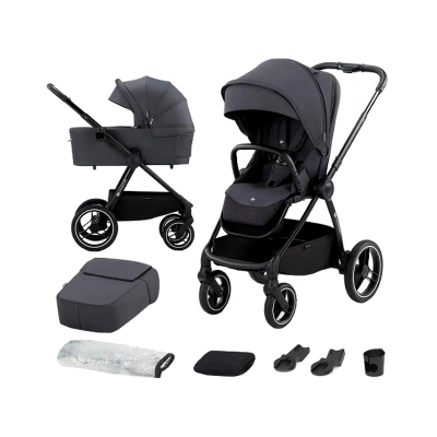 Carrinho de bebé multifunções cinzento com vários acessórios