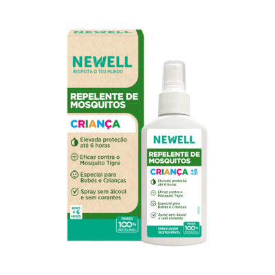 Repelente de mosquitos Newell para crianças com embalagem reciclável e texto em português