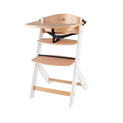 cadeira de refeição para bebé em madeira clara e branca com cinto de segurança