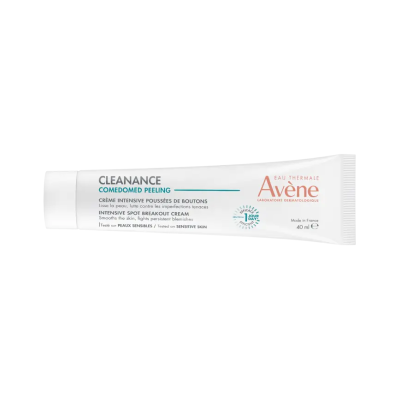 Tubo branco de creme Avène Cleanance Comedomed Peeling com texto em francês e inglês