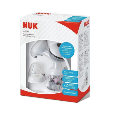 Bomba de leite NUK Jolie em embalagem branca e vermelha com frasco e peças plásticas visíveis
