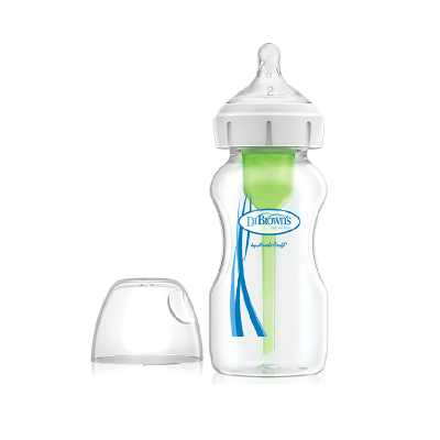 Frasco para bebé transparente com válvula verde e tampa transparente