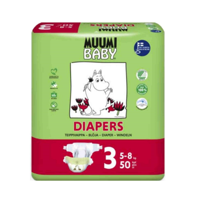 Embalagem de fraldas MUUMI BABY tamanho 3, 50 peças, para 5-8 kg, verde e vermelho com desenho personagem