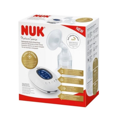 Embala de extractor de leite materno elétrico NUK, branco e vermelho com detalhes dourados e azuis