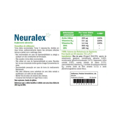 Rótulo informativo do suplemento alimentar Neuralex com informações nutricionais e instruções