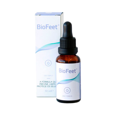 Frasco BioFeet com conta-gotas e caixa branca com texto azul