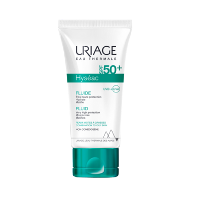 Tubo branco de fluido protetor solar Uriage Hyséac SPF 50+
