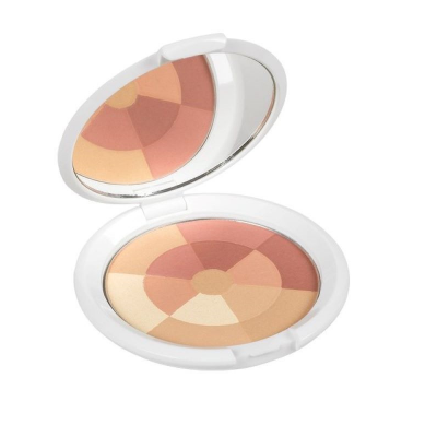 Pó compacto cosmético com várias cores em embalagem redonda branca com espelho