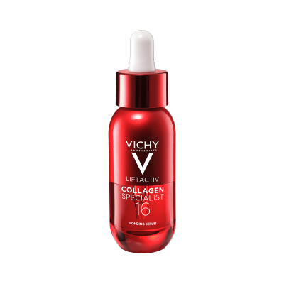 Frasco vermelho metálico com conta-gotas branco e vermelho de sérum Vichy Liftactiv