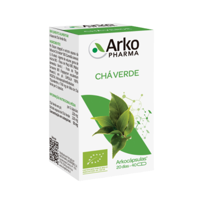 Embalagem de suplemento Chá Verde Arko Pharma branca e verde com folhas e selo orgânico