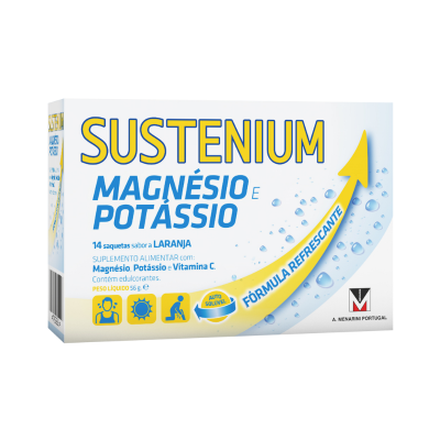 Embalagem de suplemento alimentar SUSTENIUM magnésio e potássio sabor laranja.