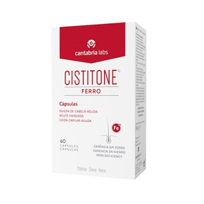 Embalagem de cápsulas Cistitone Ferro da Cantabria Labs, branco e vermelho