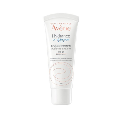 Embalagem branca de creme hidratante facial Avène Hydrance UV Légère com texto em laranja e azul