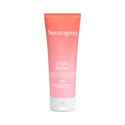 Gel hidratante fluido Neutrogena Bright Boost em tubo rosa e salmão com tampa branca