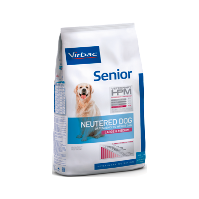 Pacote de ração Virbac Senior para cães castrados Large & Medium com imagem de cão