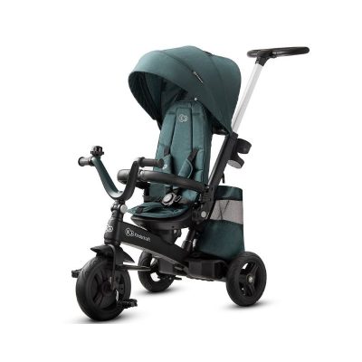 triciclo verde escuro com capota, assento com cinto, estrutura preta e rodas