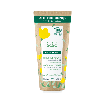 Creme hidratante Klorane Bébé em embalagem floral eco-concebida
